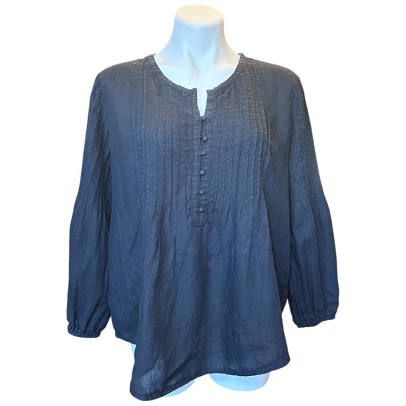 Vineyard Vines Linen Pintuck Tunic Pleated Black Shirt Long Sleeve Size L - Picture 1 of 10